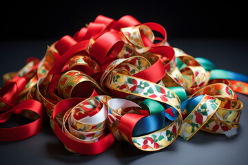 christmas ribbons for wrapping the gifts colorful ribbons, printed ribbons, on black surface with mate black background, shiny ribbon looks pretty, bulk of ribbons, red, blue, yellow 