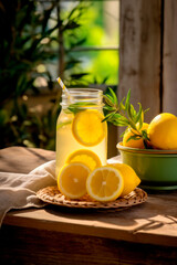 Fototapeta premium Lemonade with marinade in a jar in a warm summer garden 