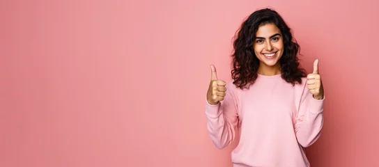 Fotobehang Happy smiling young woman, showing approving thumbs up, studio portrait pink background - wide banner copy space on side. Generative AI © Lubo Ivanko