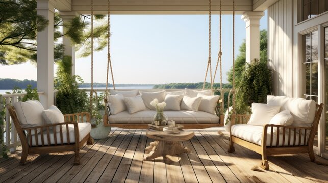 Cozy porch, with comfortable furniture, facing stunning natural vistas. Generative AI