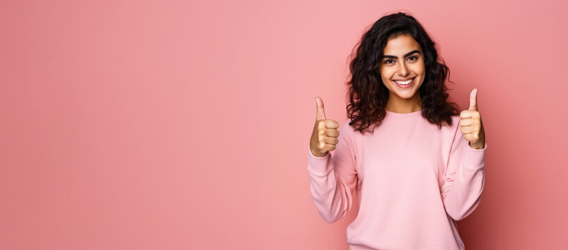 Happy smiling young woman, showing approving thumbs up, studio portrait pink background - wide banner copy space on side. Generative AI