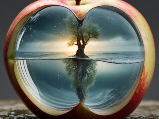 the life inside the apple, the heart is a growing tree with a reflection. adam and eve new life