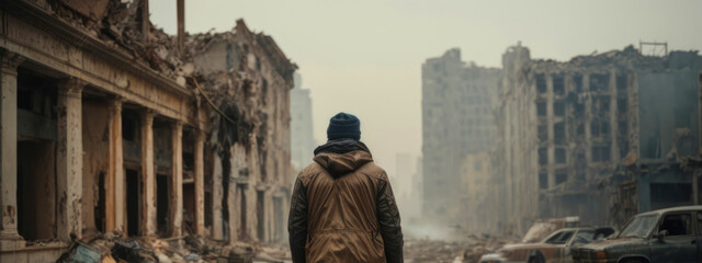 man in a destroyed city. concept of war and conflict and problems. victims of explosions. banner