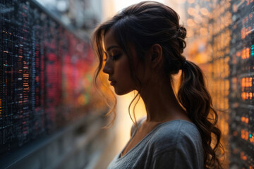 a woman in the room of a server data center with a neon light, a hacker infects their system with a virus