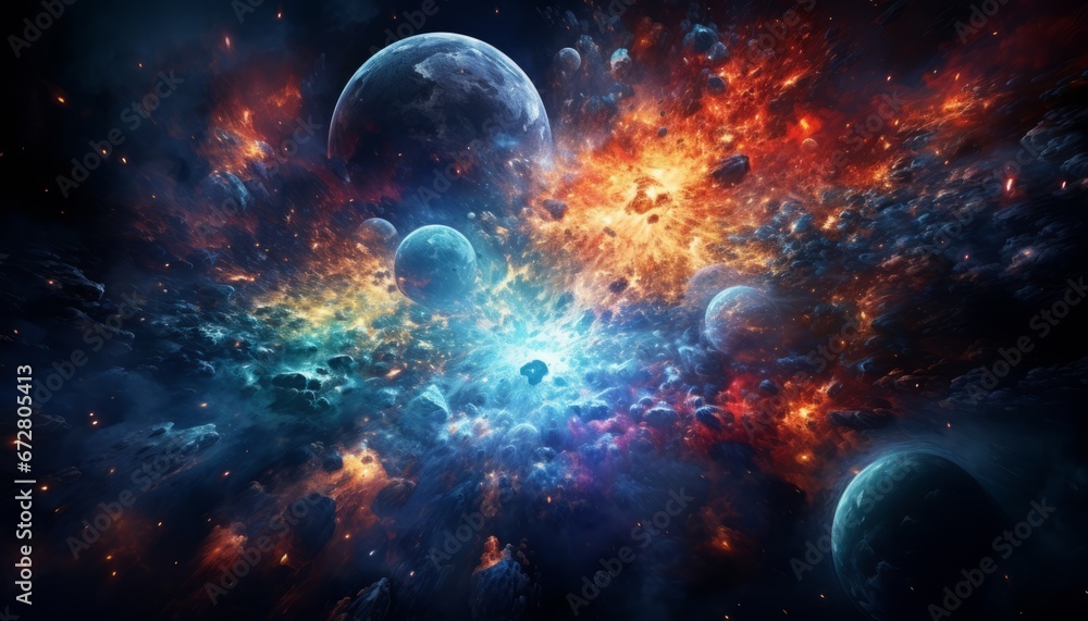 Poster captivating image of mesmerizing starry cosmos with distant glowing planets and abstract explosion