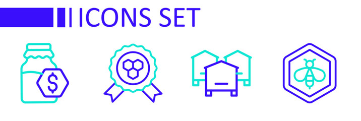Set line Bee and honeycomb, Hive for bees, Honey award and Sale in jar of icon. Vector