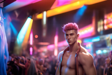 a fashion catwalk male club night fantasy man hairstyle city event neon nightclub guy style hair dude trend dancer 3d character laser model runway stylish trendy concert performance - obrazy, fototapety, plakaty