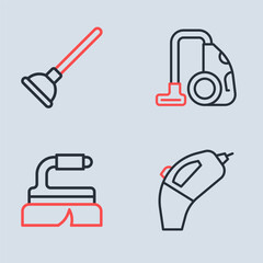 Set line Vacuum cleaner, Brush for cleaning, Portable vacuum and Rubber plunger icon. Vector
