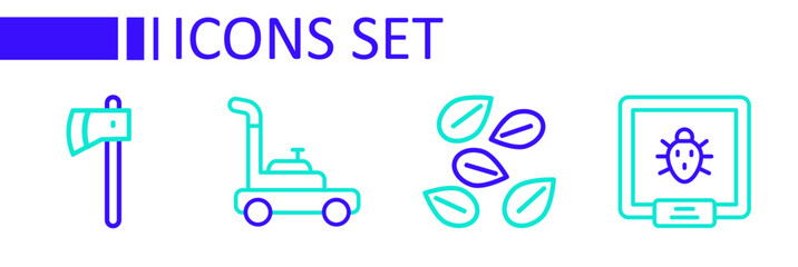 Set line Colorado beetle, Seeds of specific plant, Lawn mower and Wooden axe icon. Vector