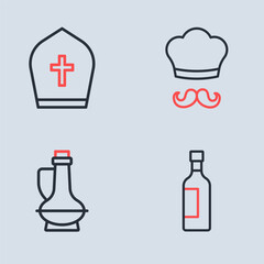 Set line Italian cook, Bottle of olive oil, wine and Pope hat icon. Vector