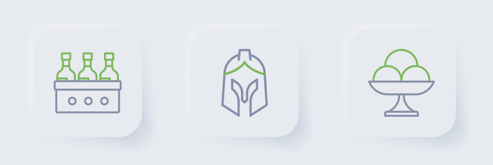Set line Ice cream in the bowl, Roman army helmet and Bottles of wine icon. Vector