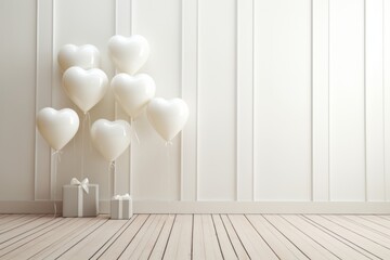 Fototapeta na wymiar Romantic white room background with balloons, hearts, and gift box for festive greetings