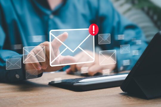 New email notification warning sign email and internet communication concept, Businessman use tablet receive email data digital marketing, email icon technology, Online working internet network