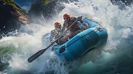 The Shared Thrill of Conquering White Water Rapids. The Dynamic Rush of White Water Rafting. Generative AI - obrazy, fototapety, plakaty