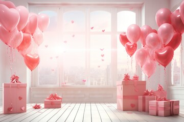 Romantic pink room background with balloons, hearts, and gift box for special occasions
