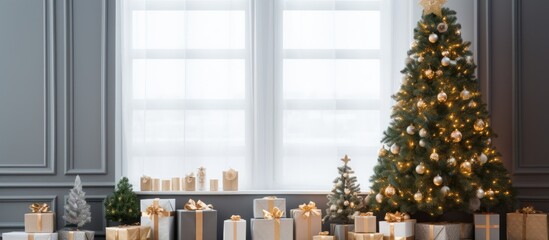 Christmas tree and many color gift boxes, presents and decoration in empty living room, copy space