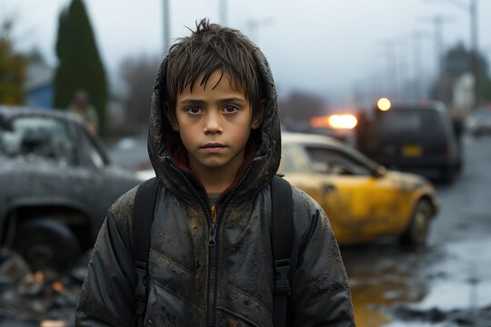 A young Middle Eastern boy standing on a dirty road with broken cars. His eyes, full of hopelessness, meet the camera's gaze. 