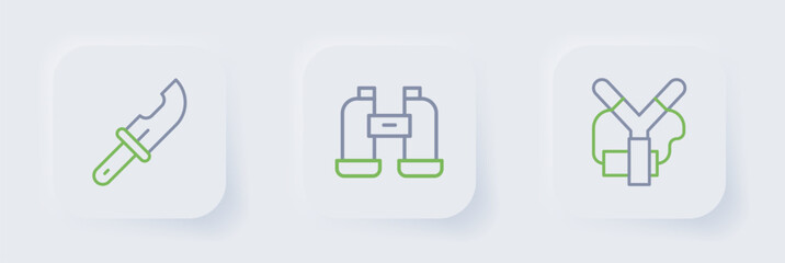 Set line Slingshot, Binoculars and Hunter knife icon. Vector