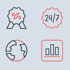 Set line Clock 24 hours, Worldwide, Pie chart infographic and Discount percent tag icon. Vector