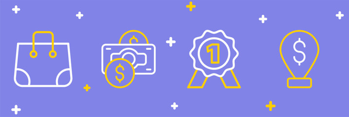 Set line Cash location pin, Medal, Stacks paper money cash and Paper shopping bag icon. Vector