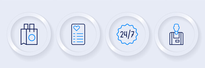 Set line Seller, Clock 24 hours, Shopping list and Paper shopping bag icon. Vector