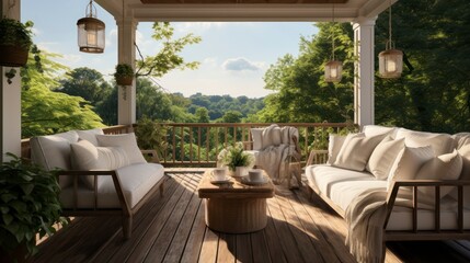 Cozy porch, with comfortable furniture, facing stunning natural vistas. Generative AI