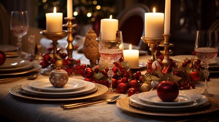 Obraz na płótnie Canvas Softly glowing candles casting a warm light on a table set with festive, holiday-themed placemats.
