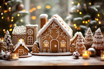 ginger bread house with Christmas tree, on the table with snowy environment lights on the tree at back blur, piece of candles on the table