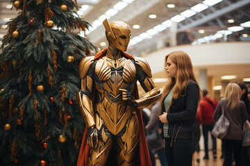 Woman meets a golden armored figure by a Christmas tree.