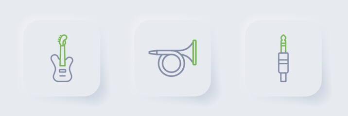 Set line Audio jack, Trumpet and Electric bass guitar icon. Vector