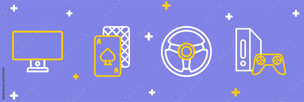 Poster set line game console with joystick, racing simulator, playing cards and computer monitor icon. vect