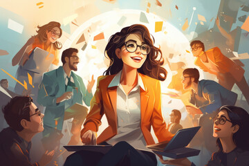 Smart woman managing a diverse group of people in a meeting - obrazy, fototapety, plakaty