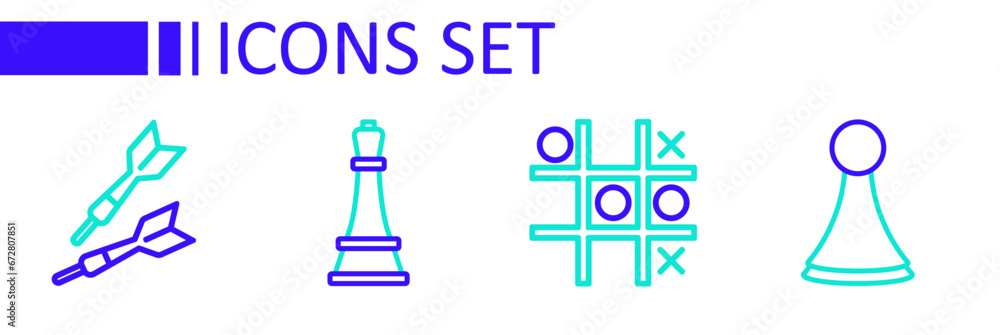 Poster set line chip for board game, tic tac toe, chess and dart arrow icon. vector