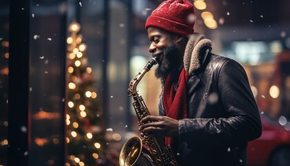 Photo of a Melodic Serenade: Man in Red Hat Playing Saxophone