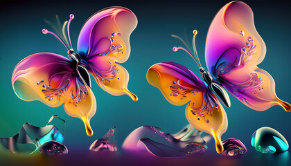 Butterflies made of opalescent organic liquid, fancy shapes and colors


