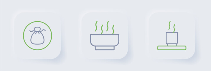 Set line Cup of tea, Ramen soup bowl and Wonton icon. Vector