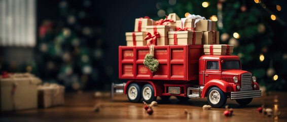Vintage red merry christmas toy truck filled with gift boxes for kids. Festive presents for new year concept with copy space. - obrazy, fototapety, plakaty