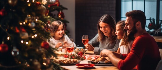 Obraz na płótnie Canvas Family celebrating christmas new year and. Home holiday and Christmas tree