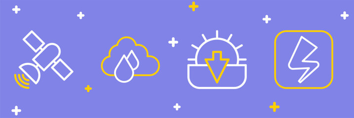 Set line Lightning bolt, Sunset, Cloud with rain and Satellite icon. Vector