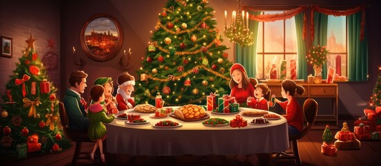 Fototapeta na wymiar Happy family celebrating christmas new year and open gift box. Home holiday and Christmas tree