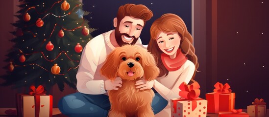 Obraz na płótnie Canvas Happy couple and dog celebrating christmas and new year. Home holiday and Christmas tree