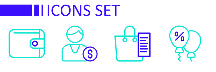 Set line Discount percent tag, Shopping list, Buyer and Wallet icon. Vector