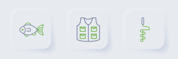 Set line Hand ice drill, Fishing jacket and icon. Vector