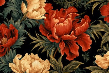 Stylized flower design featuring red orange peonies and leaves on a dark background. Generative AI - obrazy, fototapety, plakaty