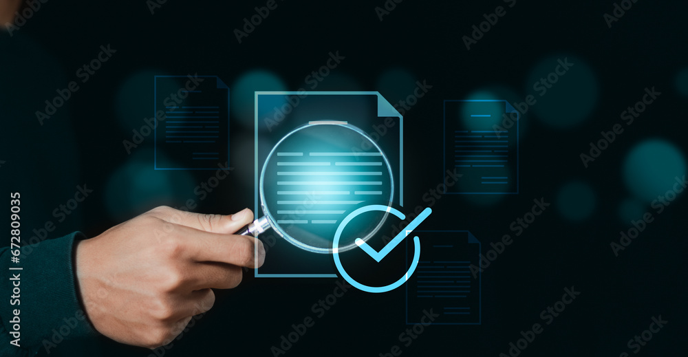 Poster businessman using magnifying glass focus approved document icon on digital documents for approve bus