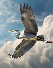 Obraz premium (Ardea cinerea) Héron cendré en vol, ailes déployés, sous un ciel bleu nuageux 