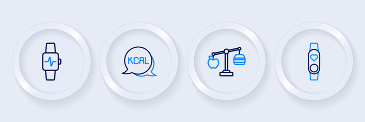 Set line Smart watch with heart, Calorie calculator, Kcal and icon. Vector