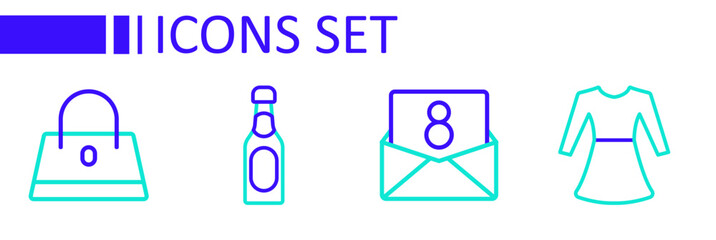 Set line Woman dress, Envelope with 8 March, Champagne bottle and Handbag icon. Vector