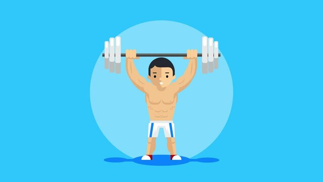 Bodybuilder lifting weight 2d cartoon animated strong bodybuilding healthy concept 4k backdrop loop