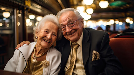 Smiling, Elderly Couple in Love, Heading to the Luxurious Casino, Just Like the First Day